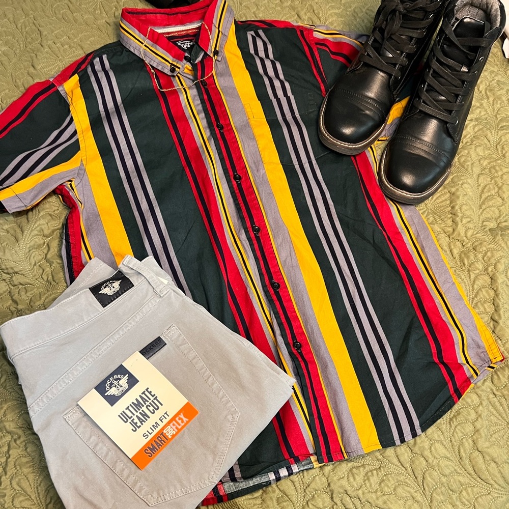 Selling this 90s inspired striped, colorful button up